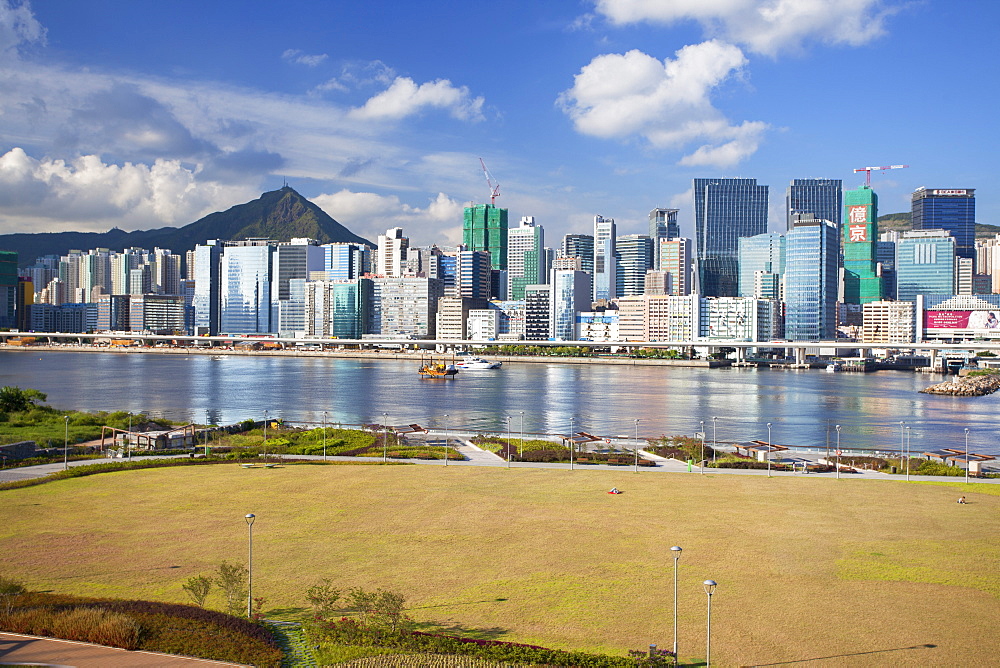 Runway Park on old Kai Tak airport and skyscrapers of Kwun Tong, Kai Tak, Kowloon, Hong Kong, China, Asia