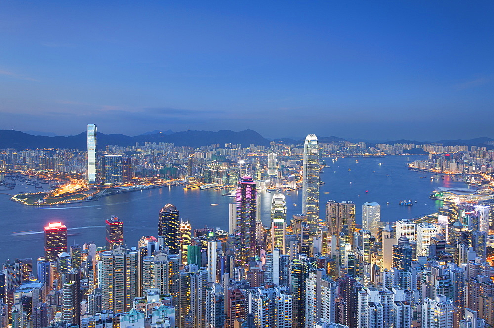 View of Kowloon and Hong Kong Island from Victoria Peak at dusk, Hong Kong, China, Asia