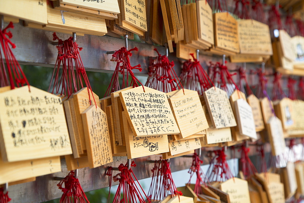 Ema (prayer cards) at Shinto shrine of Sumiyoshi Taisha, Osaka, Kansai, Japan, Asia