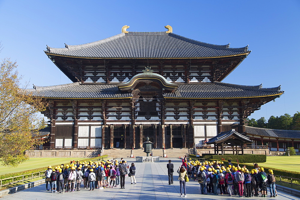 School children at Todaiji Temple, UNESCO World Heritage Site, Nara, Kansai, Japan, Asia