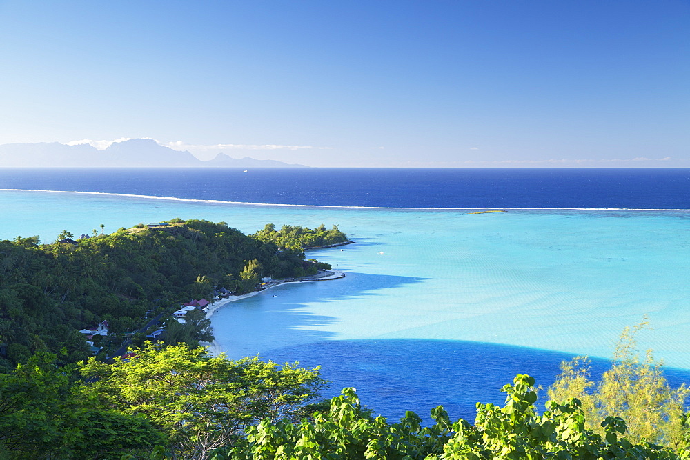 View of Matira Beach and lagoon, Bora Bora, Society Islands, French Polynesia, South Pacific, Pacific