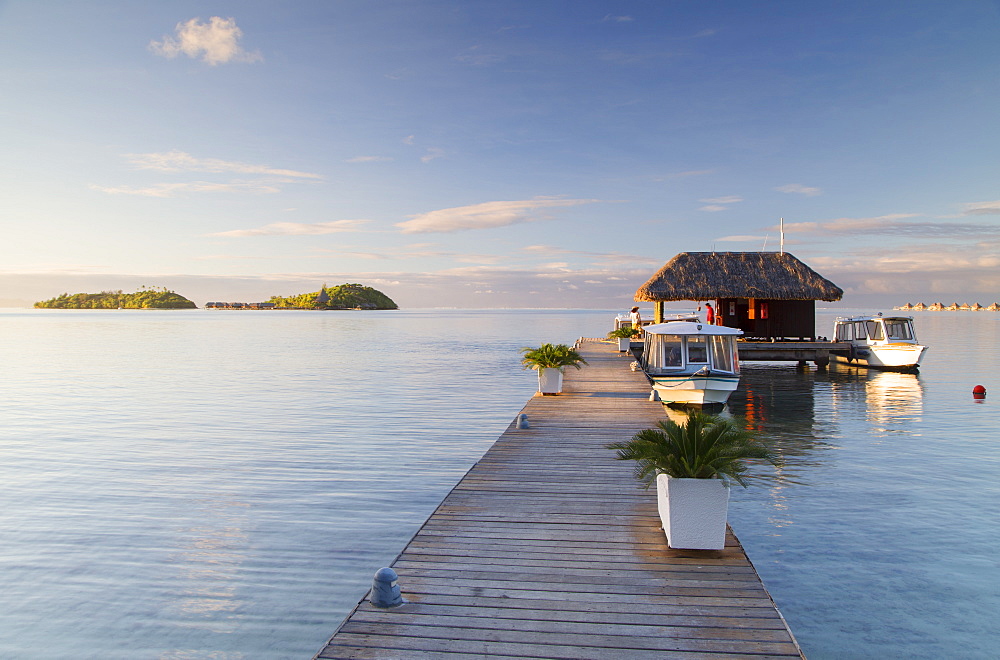 Jetty of Sofitel Hotel with Sofitel Private Island in background, Bora Bora, Society Islands, French Polynesia, South Pacific, Pacific