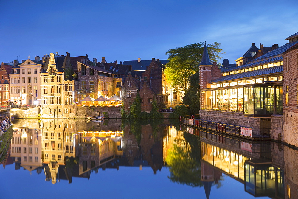 Leie Canal at dusk, Ghent, Flanders, Belgium, Europe