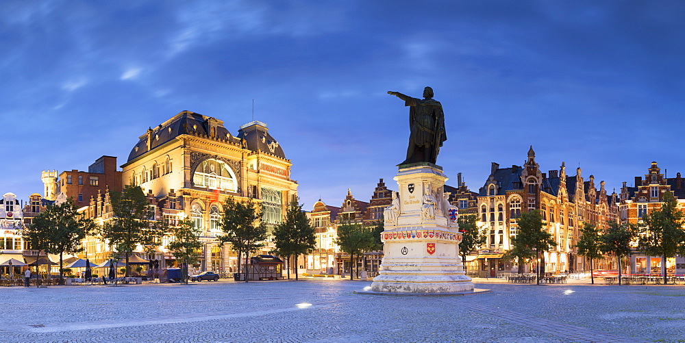 Friday Market Square at dusk, Ghent, Flanders, Belgium, Europe