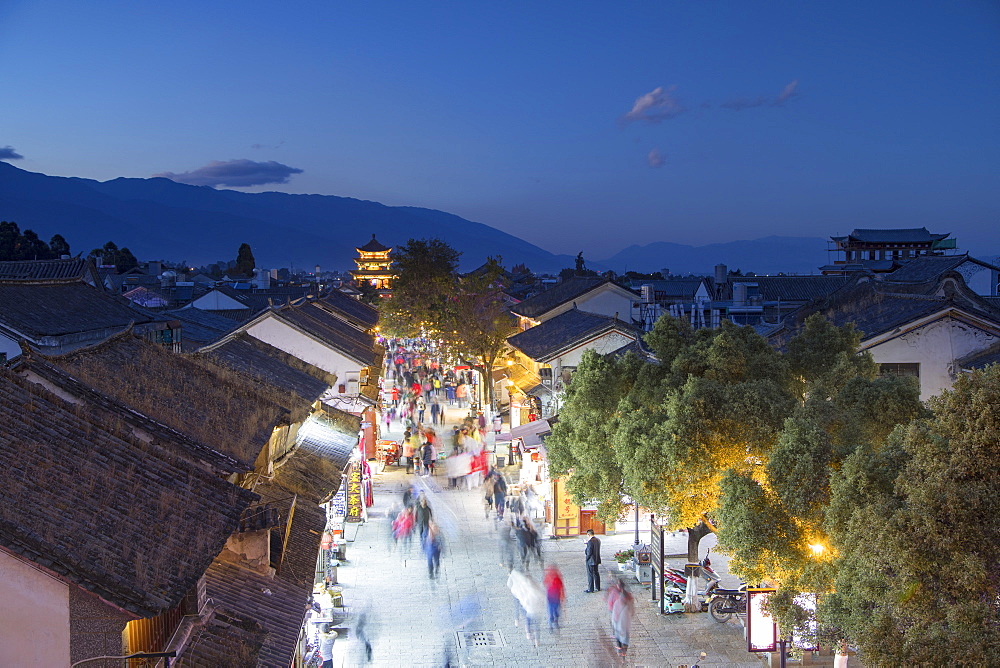 View of Dali at dusk, Yunnan, China, Asia