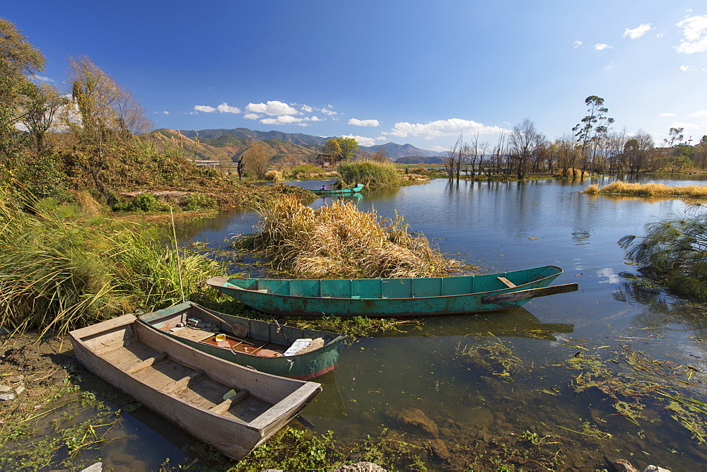 Fishing boats on Erhai Lake, Shuanglang, Yunnan, China, Asia