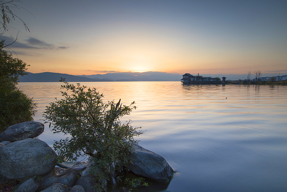 Erhai Lake at sunrise, Dali, Yunnan, China, Asia