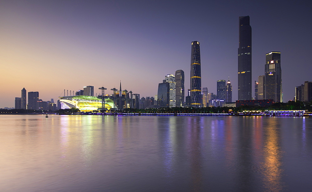 Skyline of Tianhe at dusk, Guangzhou, Guangdong, China, Asia