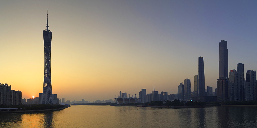 Skyline of Tianhe at sunset, Guangzhou, Guangdong, China, Asia