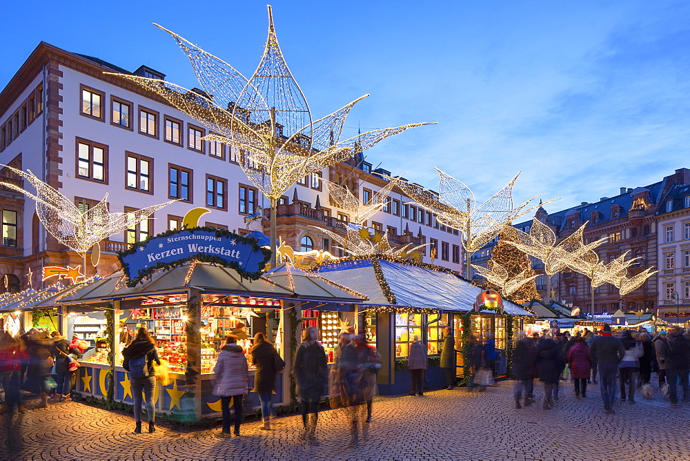 Christmas Market at dusk, Wiesbaden, Hesse, Germany, Europe