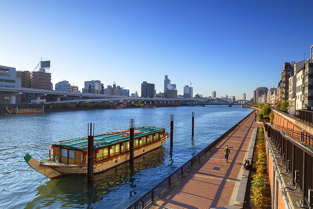 People walking along Sumida River, Tokyo, Honshu, Japan, Asia