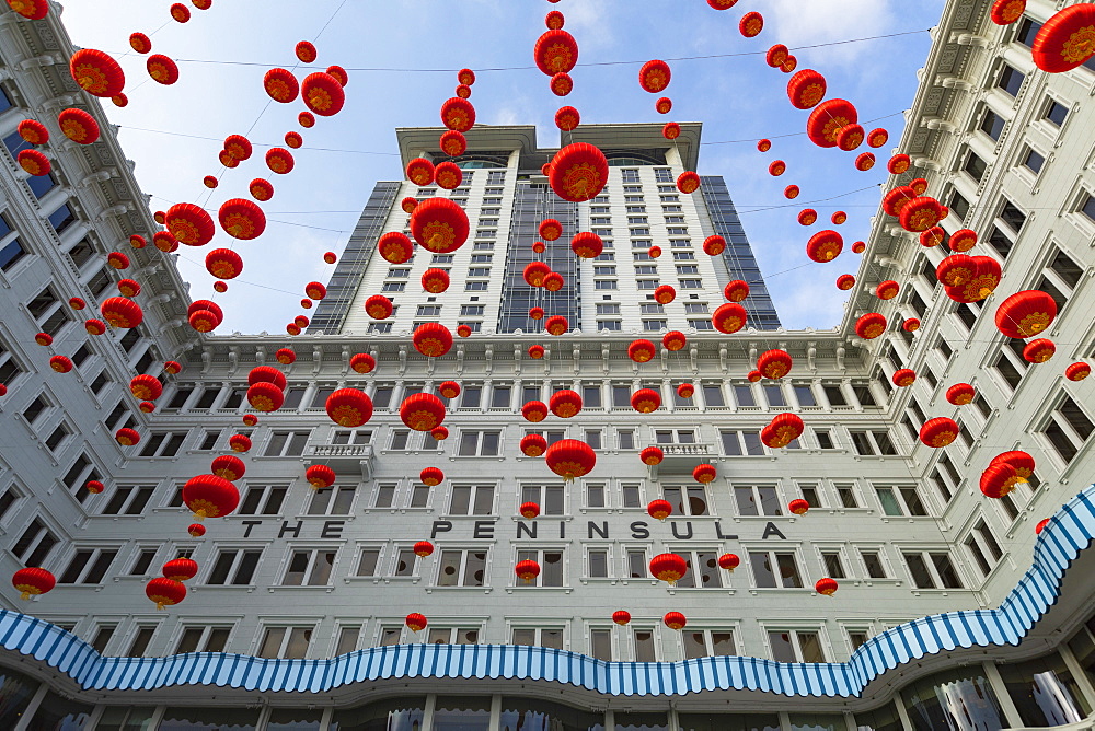 Lanterns outside Peninsula Hotel, Tsim Sha Tsui, Kowloon, Hong Kong, China, Asia