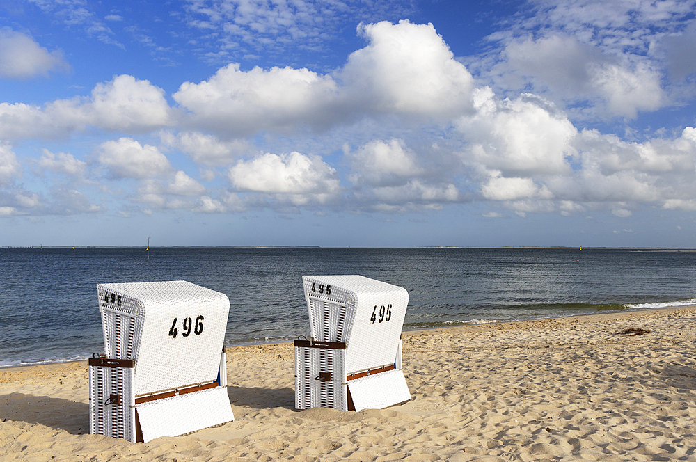 Deckchairs on Hornum beach, Sylt, Schleswig Holstein, Germany