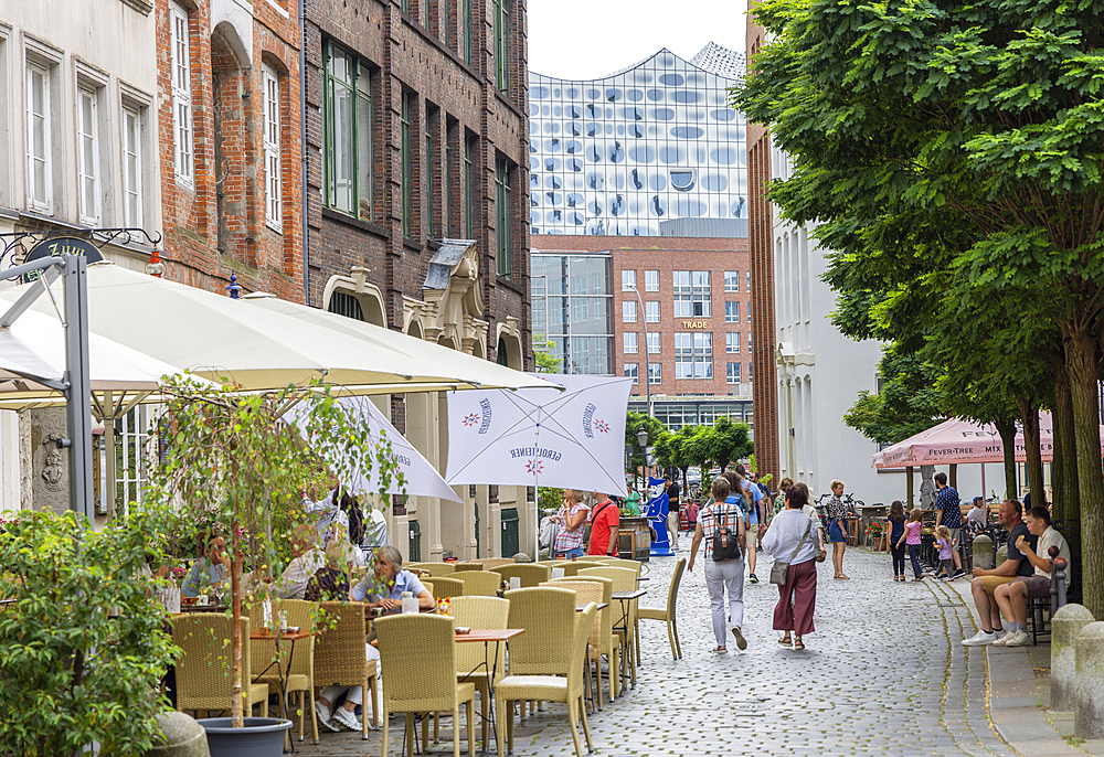 Outdoor cafes on Deich Street, Hamburg, Germany, Europe