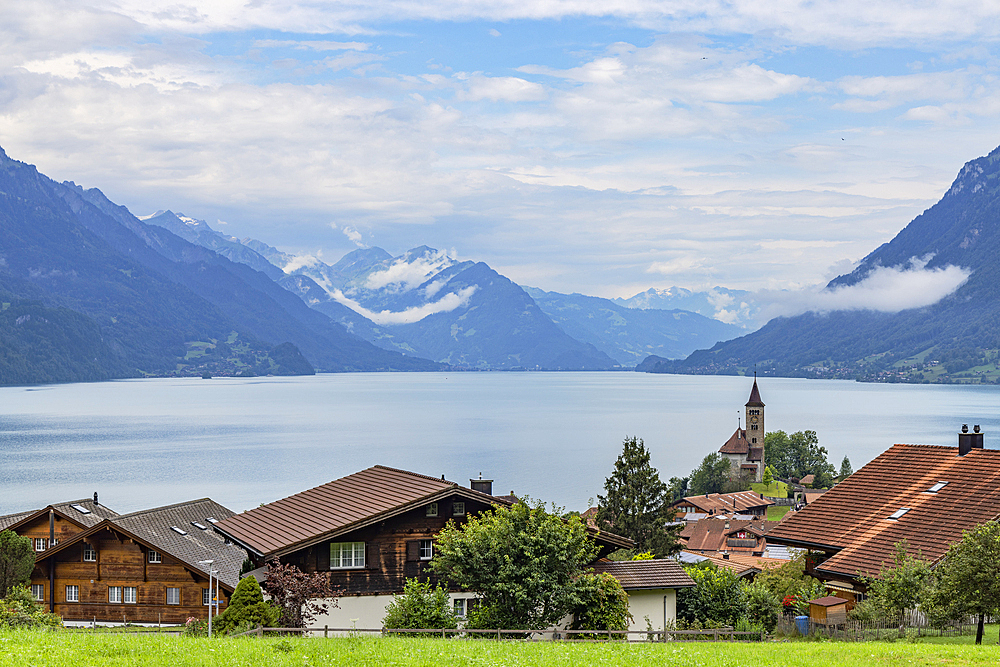 Reformed Church and chalets, Lake Brienz, Brienz, Switzerland