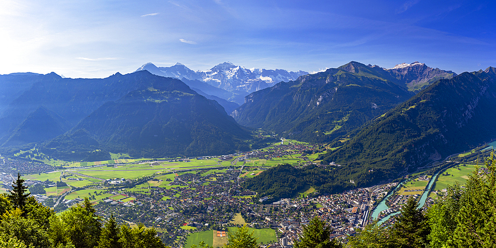 View of Jungfrau, Monch and Eiger mountains from Harder Kulm, Interlaken, Jungfrau Region, Berner Oberland, Switzerland