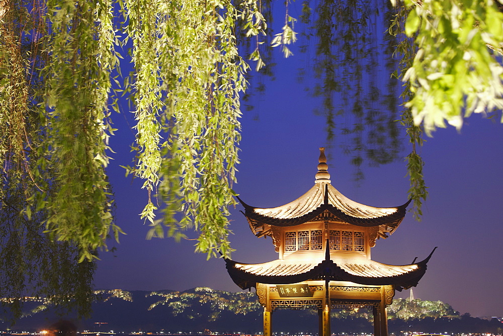 Pavilion on Xi Hu (West Lake) at dusk, Hangzhou, Zhejiang, China, Asia