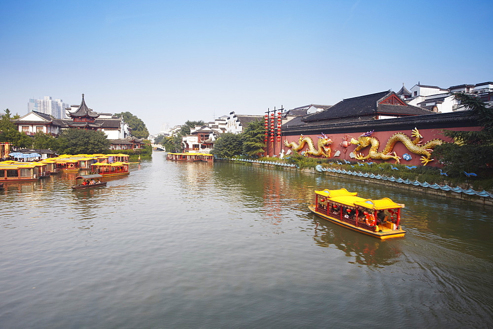 Tourists boats on canal, Fuzi Miao area, Nanjing, Jiangsu, China, Asia