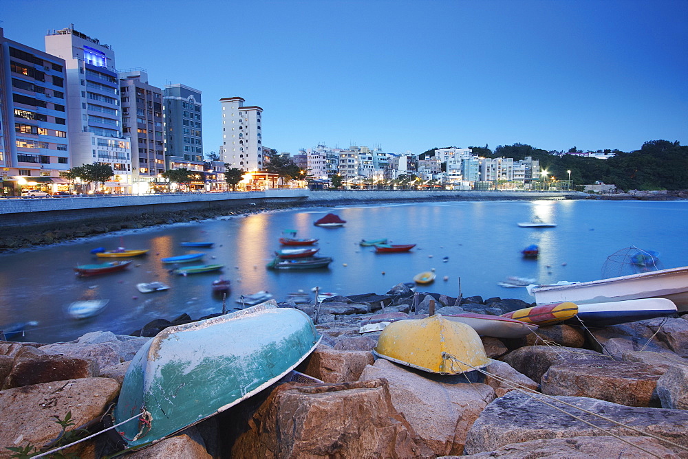 Fishing boats in Stanley Bay at dusk, Hong Kong Island, Hong Kong, China, Asia