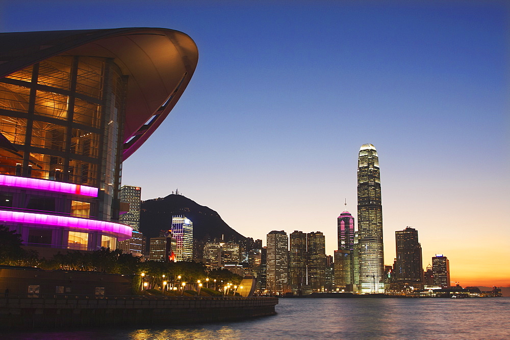 Hong Kong Convention and Exhibition Centre with IFC and skyscrapers in background, Wan Chai, Hong Kong Island, Hong Kong, China, Asia