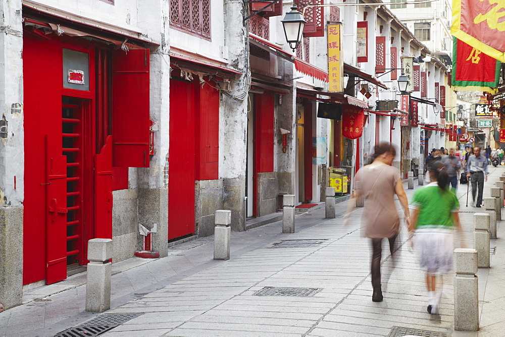 People walking along Rua da Felicidade, Macau, China, Asia