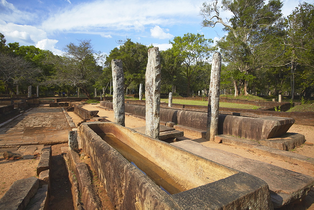 Rice trough inside remains of monastic refectory, Northern Ruins, Anuradhapura, UNESCO World Heritage Site, North Central Province, Sri Lanka, Asia