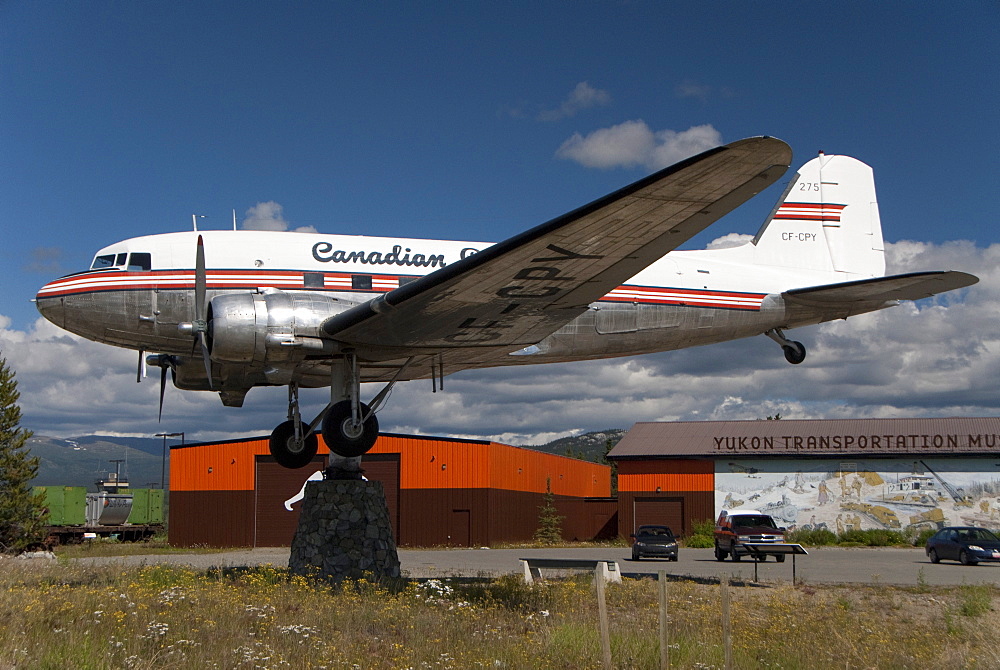 Airport, retired DC-3 aircraft atop a swivelling support, the world's largest weather vane, Whitehorse, Yukon, Canada, North America