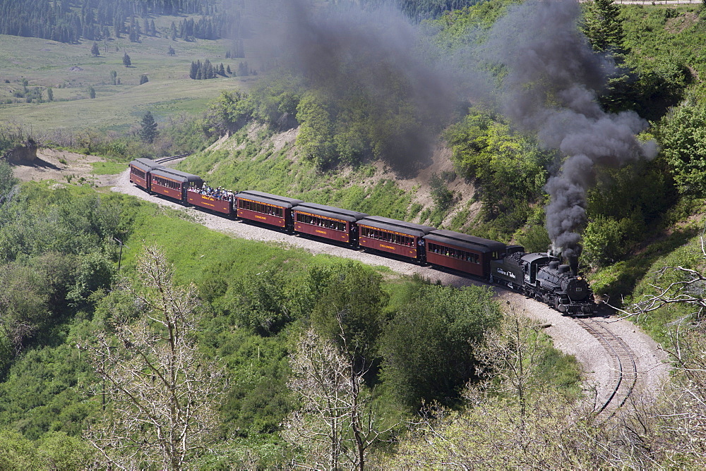 New Mexico and Colorado, Cumbres and Toltec Scenic Railroad, National Historic Landmark, narrow guage, steam powered locomotives, with tourist cars, United States of America, North America