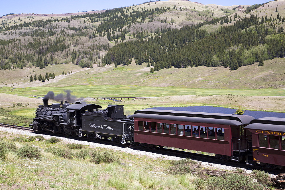 New Mexico and Colorado, Cumbres and Toltec Scenic Railroad, National Historic Landmark, narrow guage, steam powered locomotives, with tourist cars, United States of America, North America