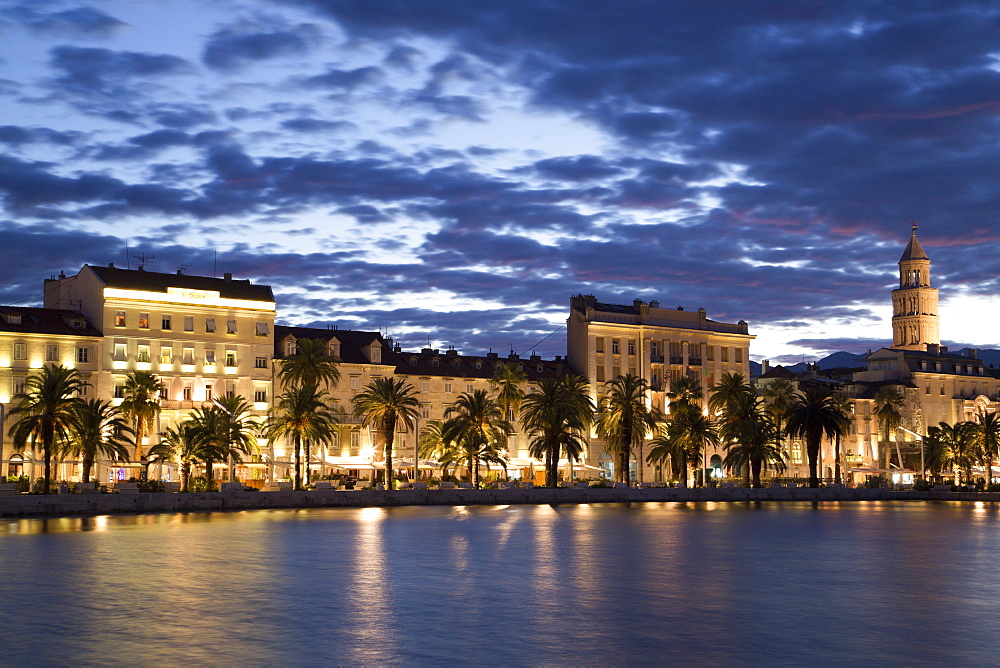 The Riva in the foreground, Split Harbor at sunset, Split, Dalmatia, Croatia, Europe