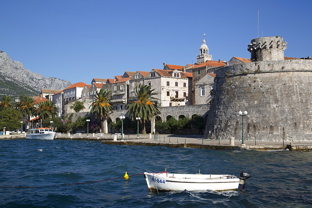 Large Governor's Tower on the right dates from 1493, Korcula Town, Korcula Island, Croatia, Europe