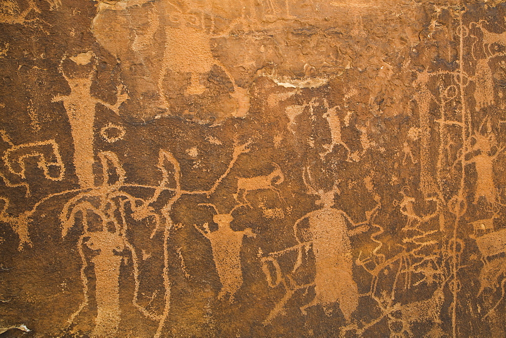 Rochester Petroglyph Panel, contains both Barrier Canyon style and Fremont style elements, near Emery, Utah, United States of America, North America