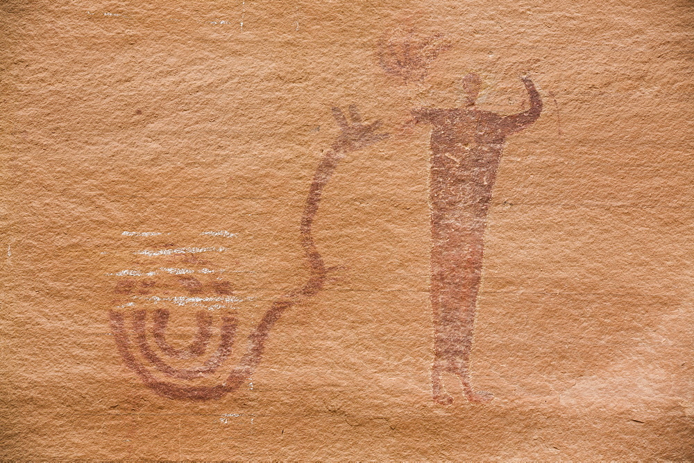 Buckhorn Wash Pictograph Panel, with snake symbol and human, Barrier Canyon Style, dating from 2000 BC to 1 AD, San Rafael Swell, Utah, United States of America, North America