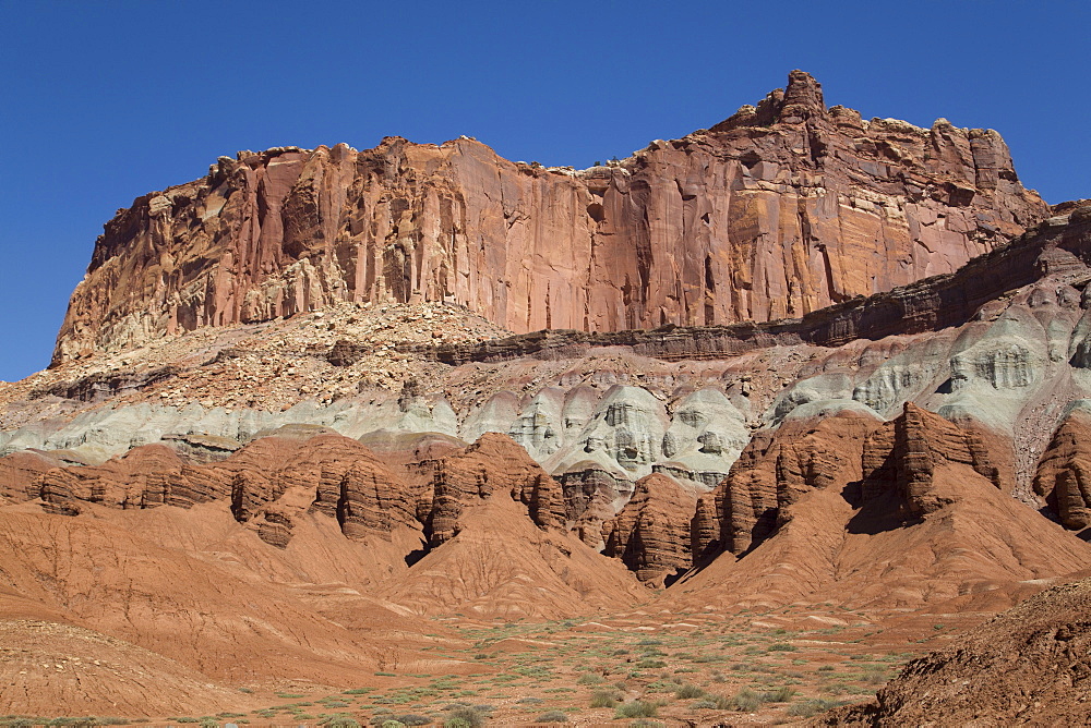 A Waterpocket Fold highlighting the erosion of tilted rock layers, formed 50 to 70 million years ago, Capitol Reef National Park, Utah, United States of America, North America