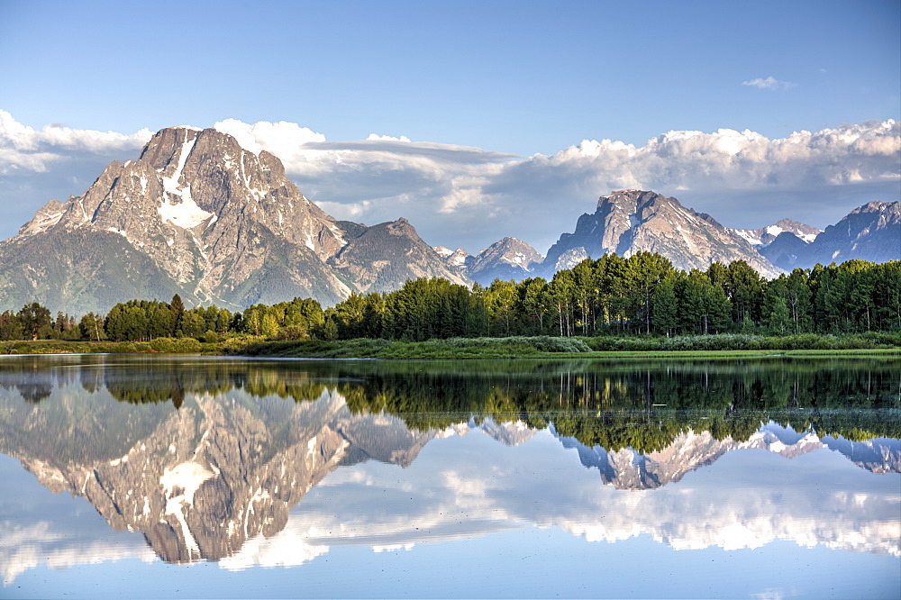 Water reflection of Mount Moran, taken from Oxbow Bend Turnout, Grand Teton National Park, Wyoming, United States of America, North America