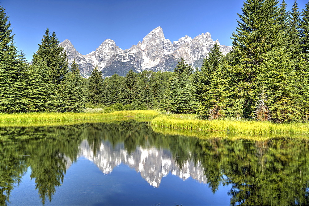 Water reflection of the Teton Range, taken from the end Schwabacher Road, Grand Teton National Park, Wyoming, United States of America, North America