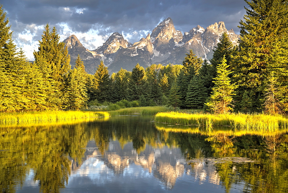 Water reflection of the Teton Range, taken from the end Schwabacher Road, Grand Teton National Park, Wyoming, United States of America, North America