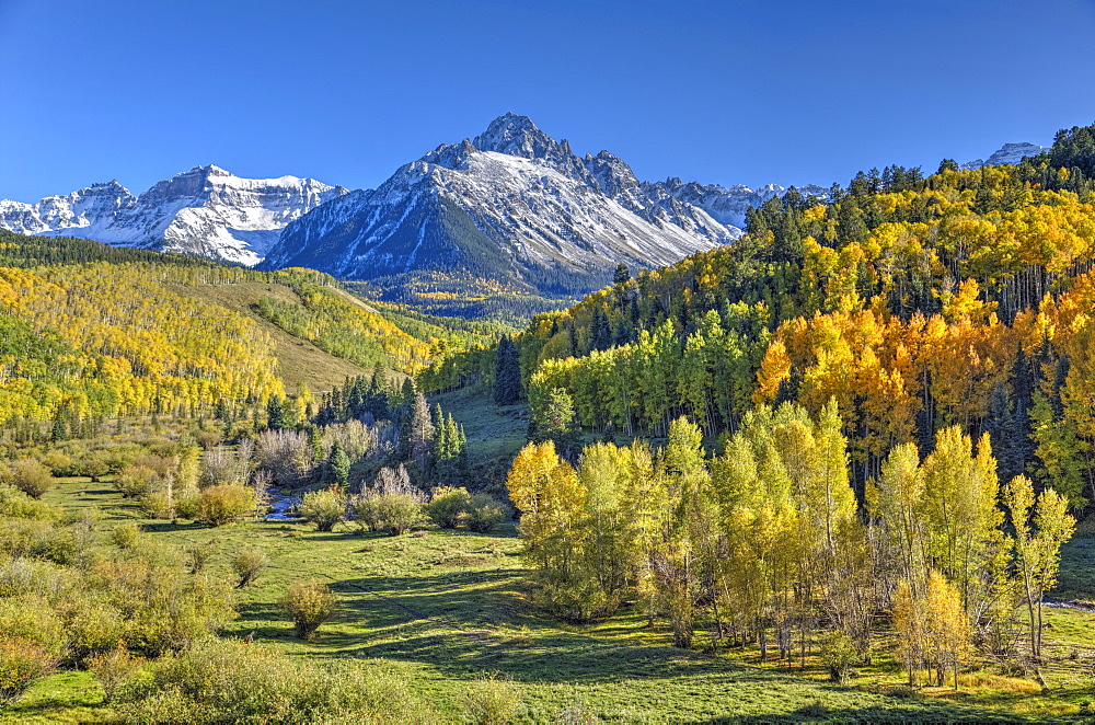 Fall Colors, of Road 7, Sneffle Range in the background, near Ouray, Colorado, United States of America, North America