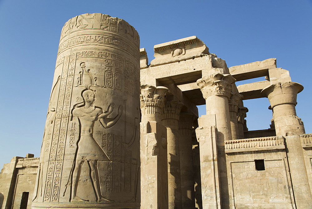 Pillar with bas-relief, Forecourt, Temple of Haroeris and Sobek, Kom Ombo, Egypt, North Africa, Africa