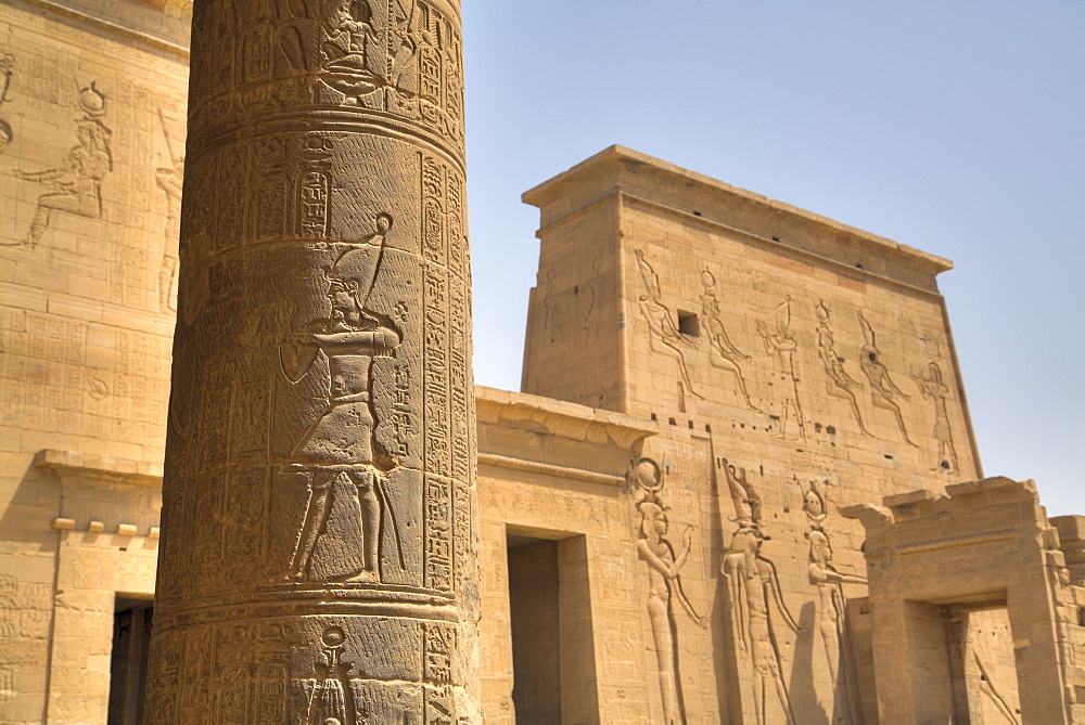 Decorative relief on column, from outside the Birth House, Temple of Isis, Island of Philae, UNESCO World Heritage Site, Aswan, Egypt, North Africa, Africa