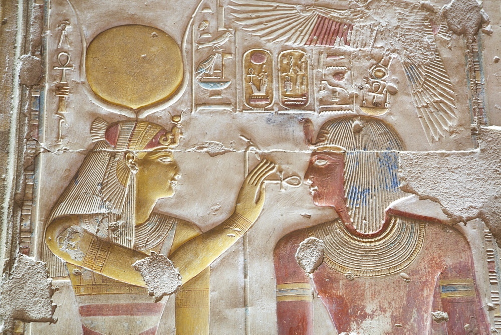 Bas-relief of Pharaoh Seti I on right with the Goddess Hathor on left, Temple of Seti I, Abydos, Egypt, North Africa, Africa