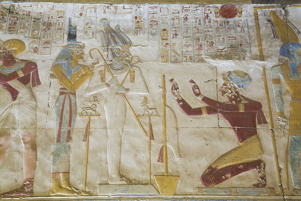 Bas-relief of the kneeling Pharaoh Seti I, Temple of Seti I, Abydos, Egypt, North Africa, Africa