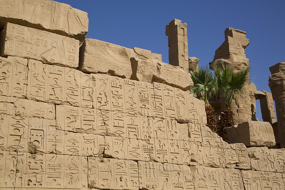 Hierogylphics on wall opposite Cachette Court, Karnak Temple, Luxor, Thebes, UNESCO World Heritage Site, Egypt, North Africa, Africa