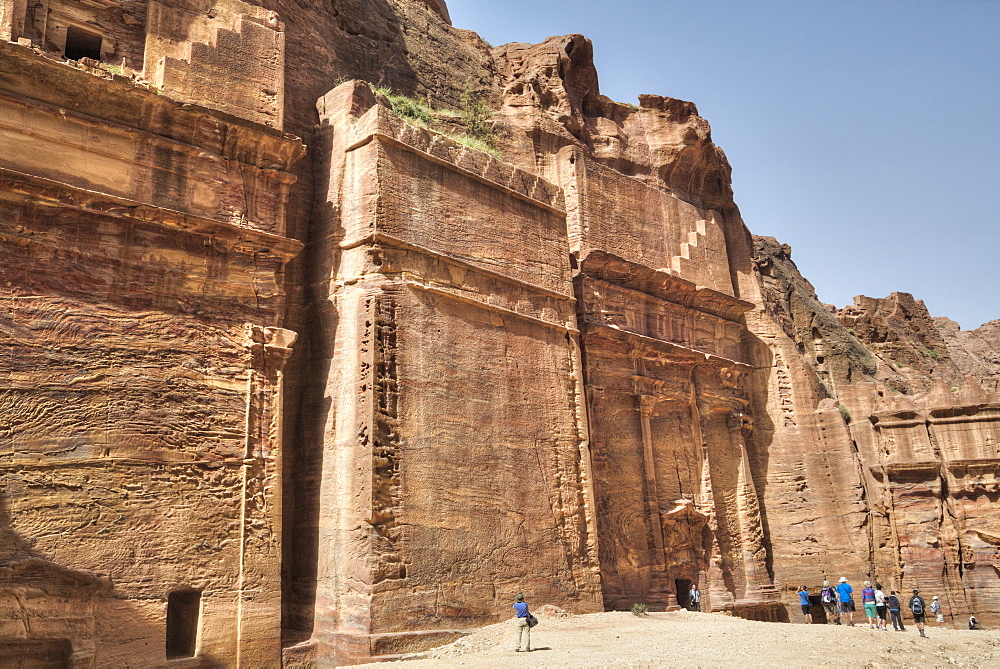 Tourists in front of Facade, The Street of Facades, Petra, UNESCO World Heritage Site, Jordan, Middle East