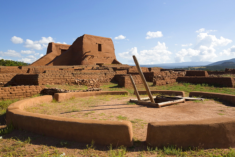 Pueblo Mission in background), Kiva in foreground, Pecos National Historic Park, New Mexico, United States of America, North America