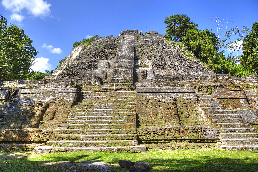 Stucco mask (lower left), The High Temple, Lamanai Mayan Site, Belize, Central America