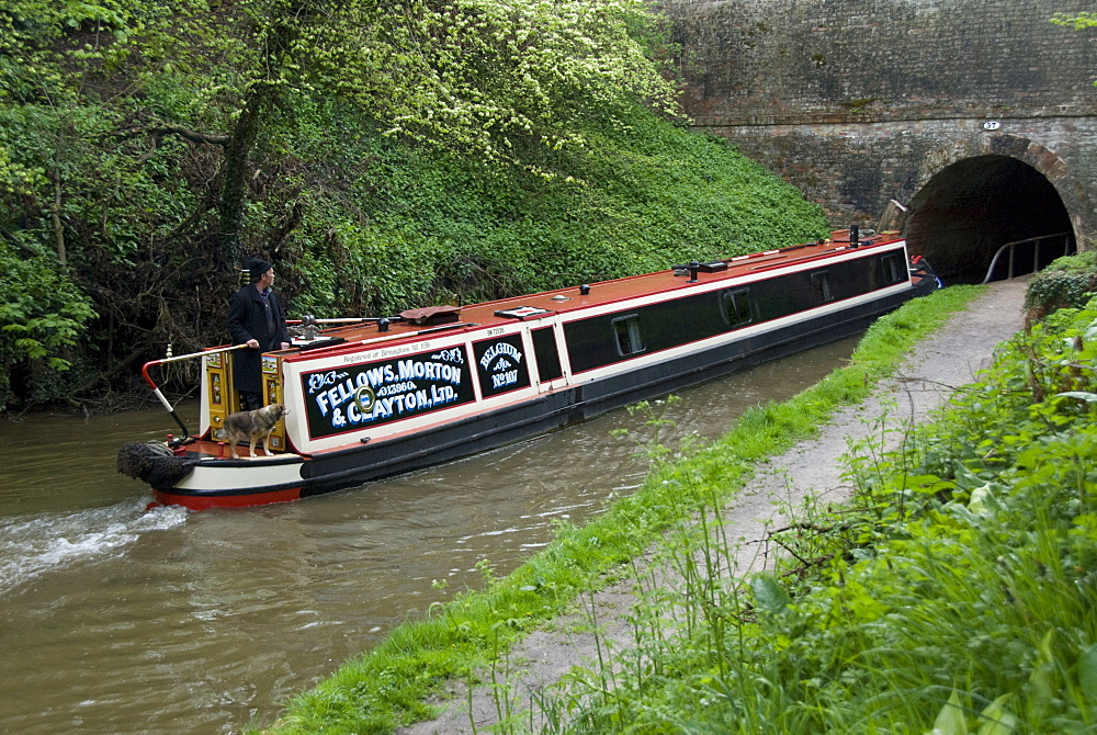 Narrow boat entering a tunnel, Llangollen Canal, England, United Kingdom, Europe