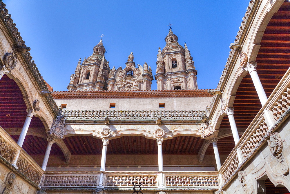 House of Shells interior, and Clerecia Church in the background, Salamanca, UNESCO World Heritage Site, Castile y Leon, Spain, Europe