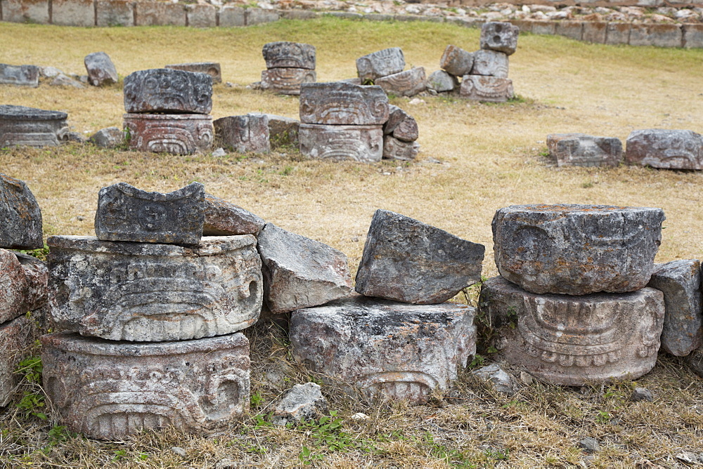 Carved Stones, Kabah Archaeological Site, Mayan Ruins, Puuc style, Yucatan, Mexico, North America