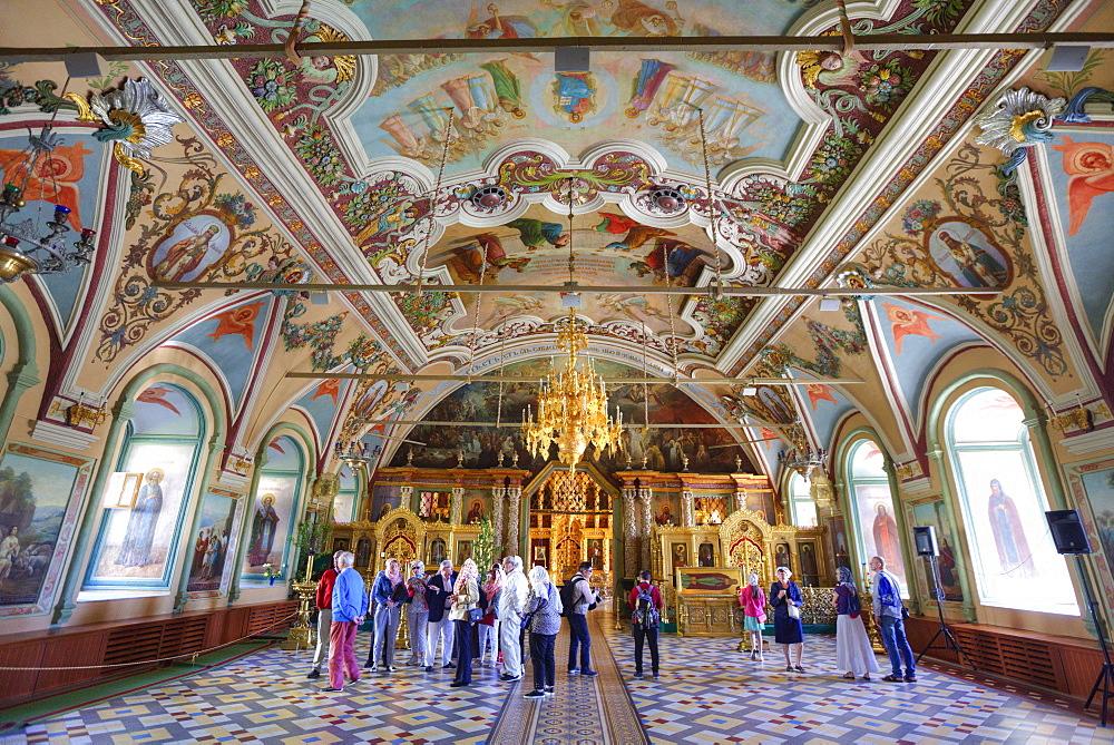 Tourists, frescoes, St. Sergius Church, Holy Trinity Saint Sergius Lavra, UNESCO World Heritage Site, Sergiev Posad, Russia, Europe